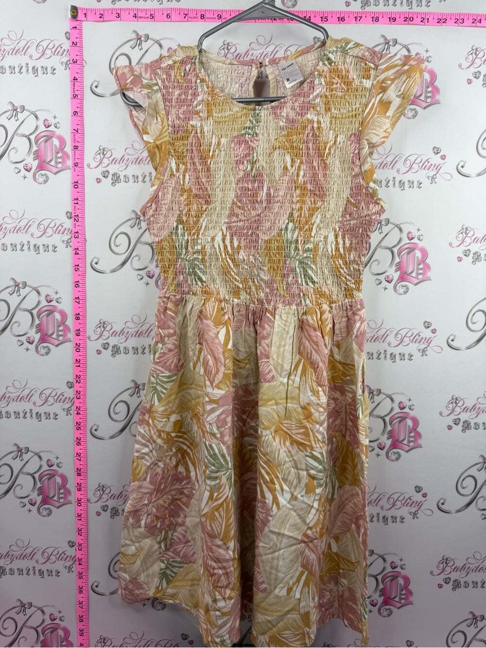 ANKO dress tiki tropical Smocked Flutter Midi Dress in Pink & Cream Leaf Print